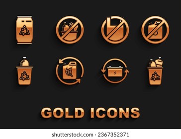 Set Bio fuel canister, No for gasoline, Recycle bin with recycle symbol, Battery, Say no to plastic bags poster, Can and and trash icon. Vector