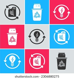 Set Bio fuel canister, Recycle bin with recycle symbol and can and Recycle and light bulb with lightning symbol icon. Vector