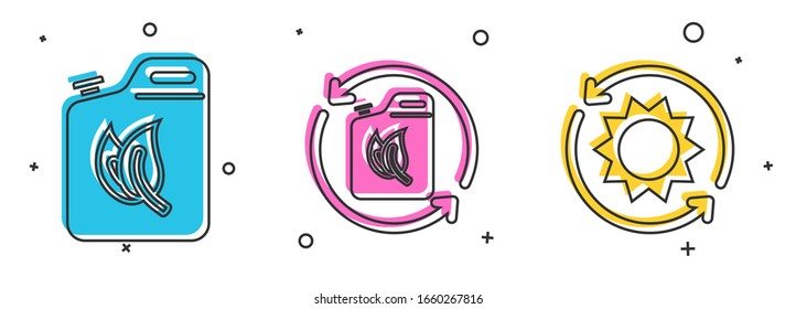 Set Bio fuel canister, Bio fuel canister and Solar energy panel icon. Vector