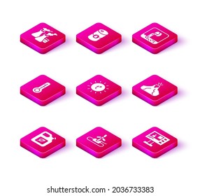 Set Bio fuel canister, Wind turbine, Meteorology thermometer, Sun, Television report, Volcano eruption with lava, Wastewater and Barrel oil icon. Vector