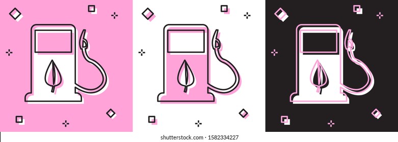 Set Bio fuel concept with fueling nozzle and leaf icon isolated on pink and white, black background. Gas station with leaves. Eco refueling.  Vector Illustration