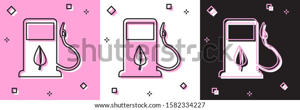 Set Bio fuel concept with\
fueling nozzle and leaf icon isolated on pink and white, black\
background. Gas station with leaves. Eco refueling.  Vector\
Illustration