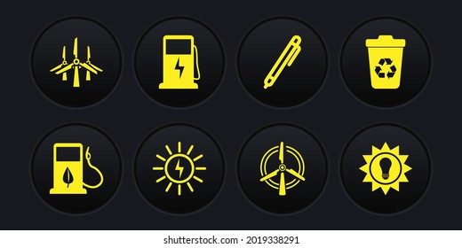 Set Bio fuel with fueling nozzle, Recycle bin recycle, Solar energy panel, Rotating wind turbine, Pen, Electric car charging station,  and Wind turbines icon. Vector