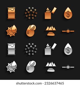 Set Bio fuel, Oil drop with dollar, Industry pipes and valve, Oilfield, industrial factory building, Lighter, Barrel oil leak and Molecule icon. Vector