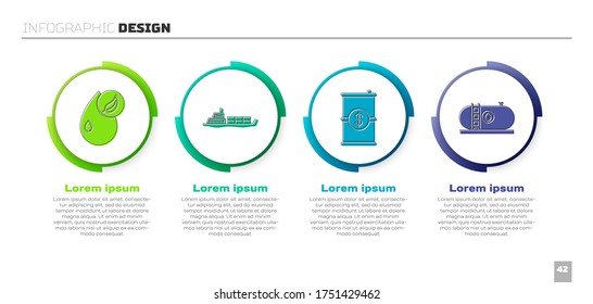 Set Bio fuel, Oil tanker ship, Barrel oil with dollar and Oil industrial factory building. Business infographic template. Vector