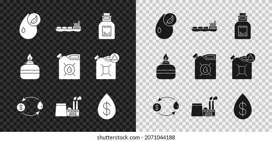Set Bio fuel, Oil tanker ship, petrol test tube, exchange, industrial factory building, drop with dollar, Alcohol spirit burner and Canister for motor machine oil icon. Vector