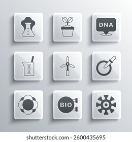 Set Bio healthy food, Bacteria, Petri dish with pipette, Wind turbine, Molecule, Laboratory glassware or beaker, Chemical explosion and DNA symbol icon. Vector