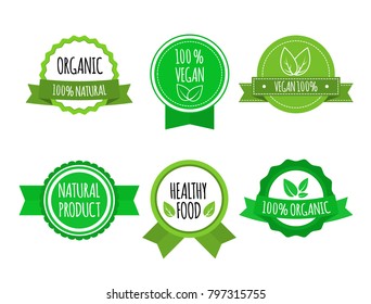 Set of bio healthy food badges on white background. Vegan, organic logos. Vector illustration.