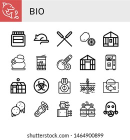Set of bio icons such as Dolphin, Hormones, Animal testing, Acupuncture, Lemon, Greenhouse, Lithotherapy, Mint, Herbal, Juice, Biohazard, Reuse, Tidal, Ecosystem, Arepas , bio