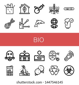 Set of bio icons such as Reuse, Gmo, Eco, Acupuncture, Dolphin, Tidal, Ecology, Mint, Natural, Gas mask, Greenhouse, Thalassotherapy, Arepas, Turing, Recycle, Reflexology , bio