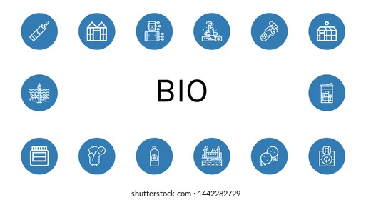 Set of bio icons such as Silicone, Greenhouse, Acupuncture, Dolphin, Reflexology, Hormones, Natural, Juice, Geothermal energy, Arepas, Reuse, Tidal, Mint , bio