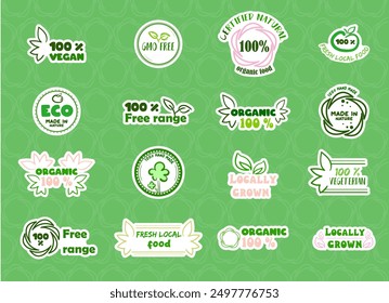 Set bio Sticker pack. Vegan, ecology, gmo free and local organic logos and badges, label, tag. Vector illustration design