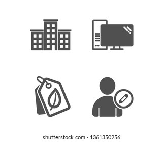 Set of Bio tags, Company and Computer icons. Edit user sign. Leaf, Building, Pc component. Profile data.  Classic design bio tags icon. Flat design. Vector