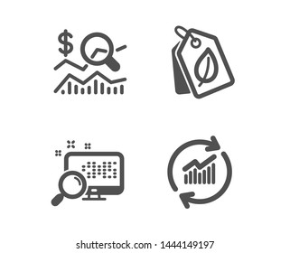 Set of Bio tags, Search and Check investment icons. Update data sign. Leaf, Find file, Business report. Sales statistics.  Classic design bio tags icon. Flat design. Vector