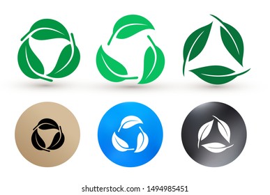 Set of biodegradable recyclable plastic free package icon. Bio recyclable degradable and recycle leaves label logo template. Vector illustration. Isolated on white background. svg