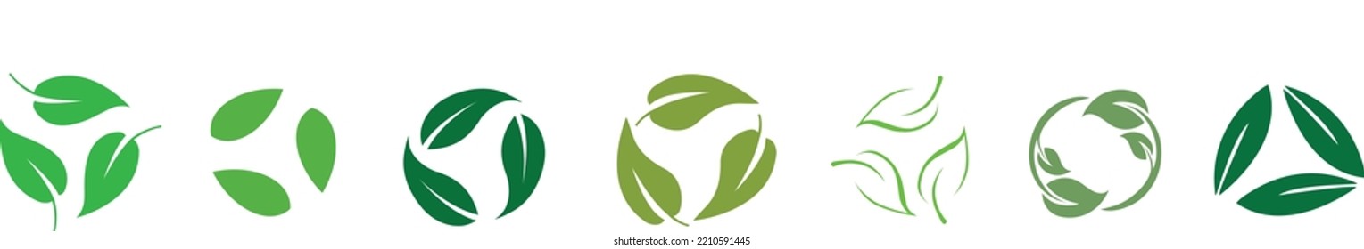 Set of biodegradable recyclable plastic free package icon, recycle leaves label logo template. Set of green leaf recycle, means using recycled resources, recycling signs, recycle collection icon	