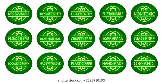 Set of biodegradable, sustainable, eco-friendly logos. Locally grown food, cruelty free product. Hand made, gmo free icons. Pesticides free 