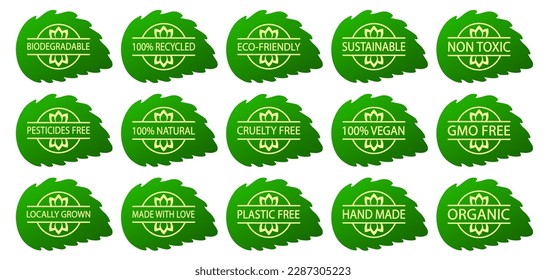 Set of biodegradable, sustainable, eco-friendly logos. Locally grown food, cruelty free product. Hand made, gmo free icons. Pesticides free