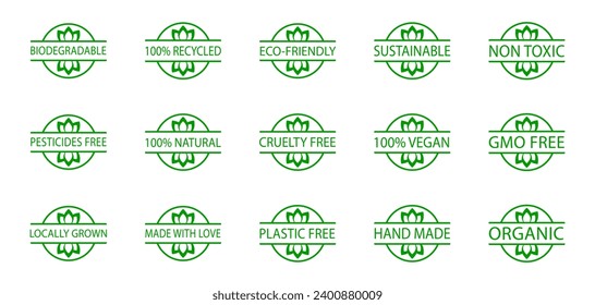 Set of biodegradable, sustainable, eco-friendly stamps. Locally grown food, cruelty free product. Hand made, gmo free icons. Pesticides free