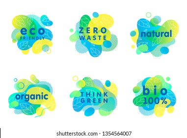 Set of bio,eco,organic,natural stickers and logos with liquid shapes.Fluid compositions perfect for Earth Day,zero waste,prints,logos,flyers,banners design and more.Eco friendly lifestyle concepts.