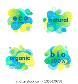 Set of bio,eco,organic,natural stickers and logos with liquid shapes.Fluid compositions perfect for Earth Day,zero waste,prints,logos,flyers,banners design and more.Eco friendly lifestyle concepts.