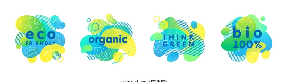 Set of bio,eco,organic,natural stickers,patches,logos with green gradient shapes.Fluid compositions for Earth Day,zero waste,prints,labels,flyers,banners design.Eco friendly lifestyle concepts.