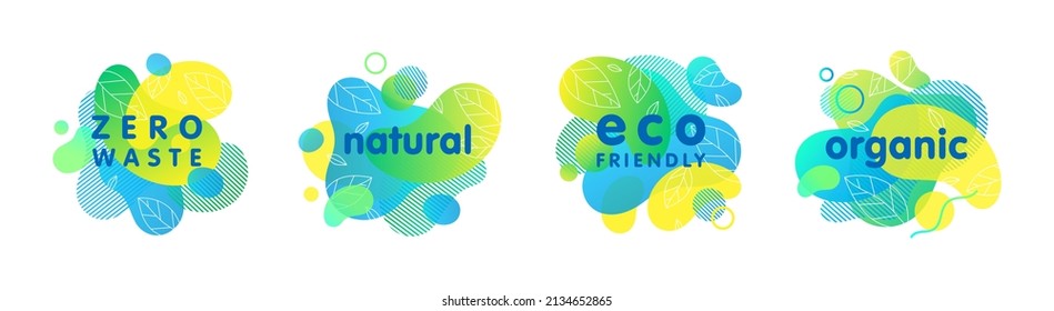 Conjunto de biografías, ecológicas, orgánicas, pegatinas naturales, parches, logotipos con formas de gradiente verde