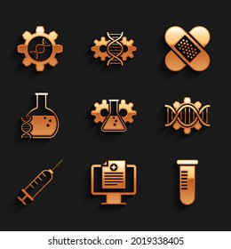 Set Bioengineering, Clinical record on monitor, Test tube flask, Genetic, Syringe and DNA research, search icon. Vector