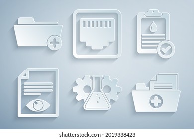 Bioengineering einstellen, Zwischenablage mit Bluttest, Papier-Seitenauge, Health Record-Ordner, Netzwerk-Port-Kabel-Sockel und Symbol. Vektorgrafik