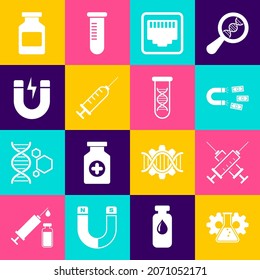 Set Bioengineering, Crossed syringe, Magnet with money, Network port cable socket, Syringe and lightning icon. Vector