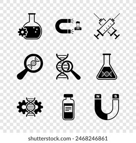 Set Bioengineering, Customer attracting, Crossed syringe, Gene editing, Medical vial, ampoule and Magnet icon. Vector