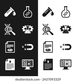 Set Bioingeniería, investigación de ADN, búsqueda, tubo de ensayo con gota de sangre, , ojo de página de papel e icono de atracción del cliente. Vector