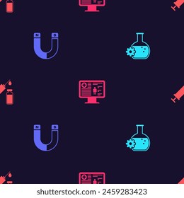 Set Bioengineering, Magnet, Clinical record on monitor and Medical syringe and vial on seamless pattern. Vector
