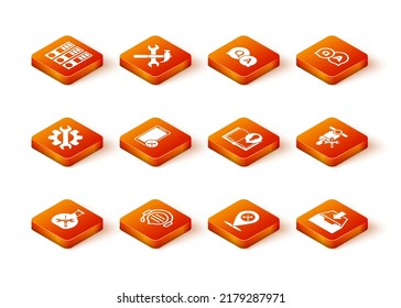 Set Bioengineering service, Headphones with speech bubble chat, Wrench and gear, Mobile, Location, Interesting facts, Download inbox and Scooter icon. Vector