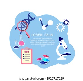 Set Of Biohacking Scientific Concept Scheme. Medical Components, Observation, Pharmaceuticals Invents, Molecule, Atom, Microscope, Flask, Tests, Gene, DNA, Vitamins, Tablets. Flat Vector Illustration