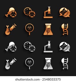 Conjunto de riesgo biológico y lupa, símbolo de ADN, pollo modificado genéticamente, frasco de tubo de ensayo, investigación de OGM, microscopio e icono de OGM. Vector