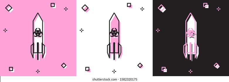 Set Biohazard rocket icon isolated on pink and white, black background. Rocket bomb flies down.  Vector Illustration