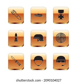 Set Biohazard rocket, Military knife, helmet, reward medal,  and Submarine icon. Vector