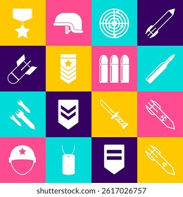 Set Biohazard rocket, Nuclear, Bullet, Radar with targets, Chevron, Aviation bomb, Military reward medal and  icon. Vector