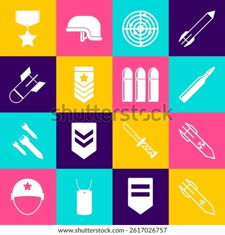 Set Biohazard rocket, Nuclear, Bullet, Radar with targets, Chevron, Aviation bomb, Military reward medal and  icon. Vector