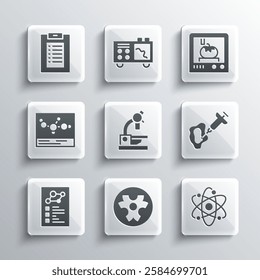 Set Biohazard symbol, Atom, Syringe, Microscope, Clinical record, Chemical formula,  and 3D printing technology icon. Vector