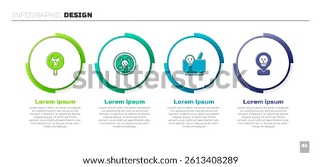 Set Biohazard symbol, Bones and skull, Mortar pestle and Radioactive in location. Business infographic template. Vector