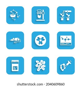 Set Biohazard symbol, Cell, Syringe, Chemical formula, Jar with additives, Experimental mouse, Pipette and plant and Genetically modified food icon. Vector