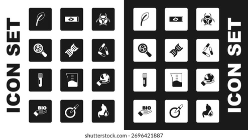 Símbolo de riesgo biológico, ADN, microorganismos bajo lupa, hojas de hoja, virus, prueba de sangre y virus, globo terráqueo de mano e icono de frasco de tubo de ensayo. Vector