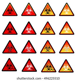 Set of Biohazard symbol icon, Web buttons. Triangle symbol set with grunge texture isolated on background. Vector illustration, EPS10