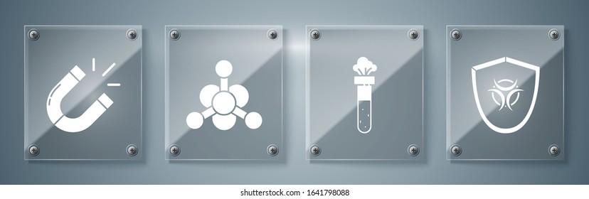 Set Biohazard symbol on shield, Test tube and flask chemical, Bacteria and Magnet. Square glass panels. Vector