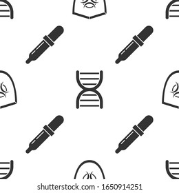 Set Biohazard symbol on shield, DNA symbol and Pipette on seamless pattern. Vector
