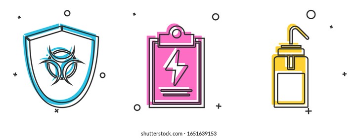 Set Biohazard symbol on shield, Laboratory clipboard with checklist and Laboratory wash bottle icon. Vector