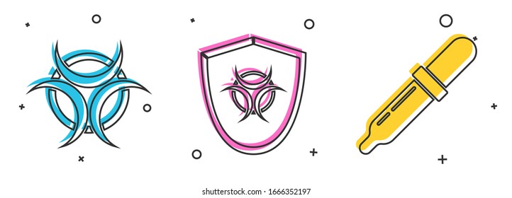 Set Biohazard symbol, Biohazard symbol on shield and Pipette icon. Vector