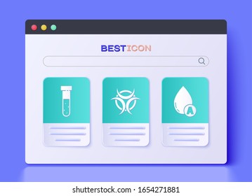 Set Biohazard symbol, Test tube and flask chemical and Water drop icon. Vector